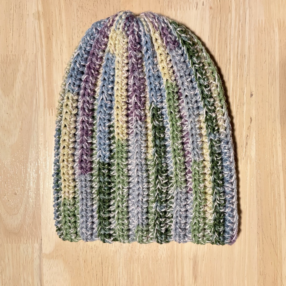 New Handmade Crochet Rib Beanie Fold over Hat Green Yellow Blue Purple Speckled - Picture 8 of 10
